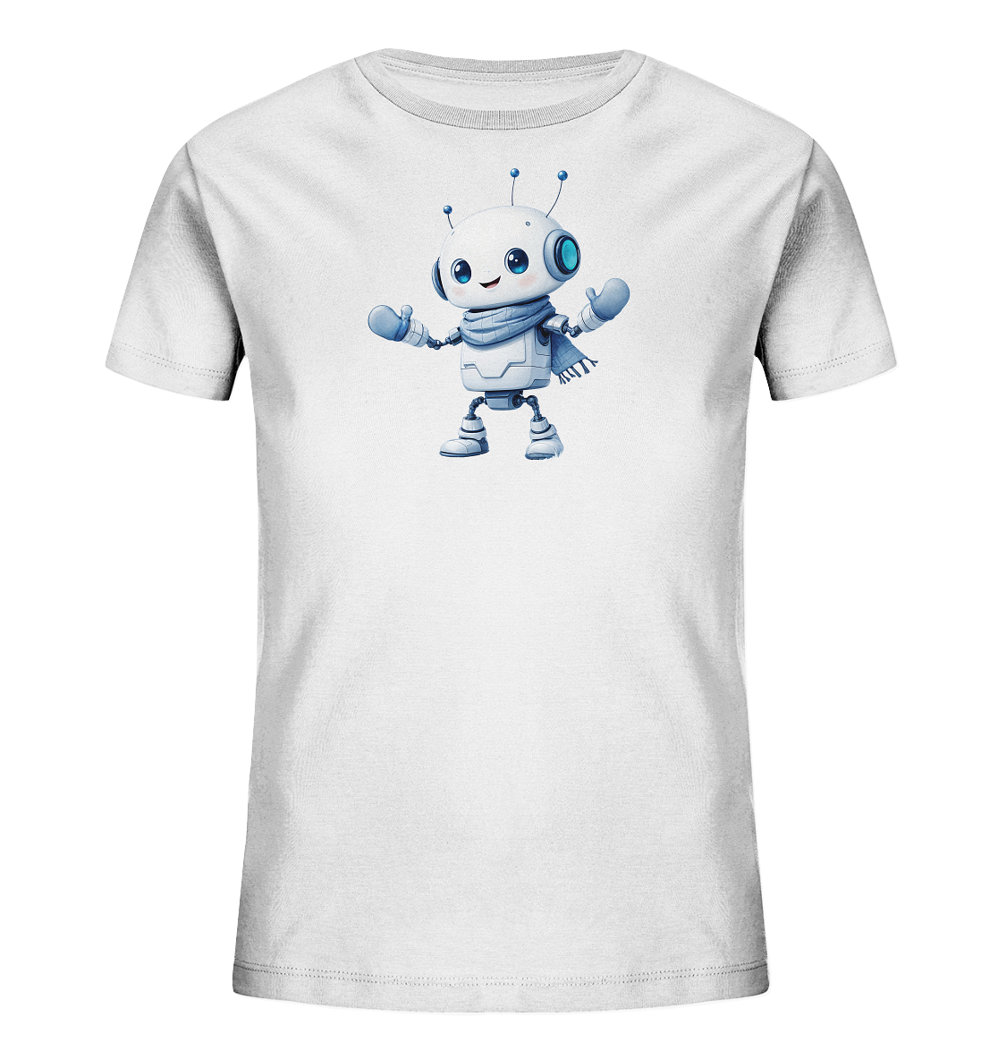 Onlineshop Shirts für Kinder - Das Bild zeigt ein weißes T-Shirt für Kinder mit einem Aufdruck auf der Vorderseite. Der Aufdruck ist eine niedliche, cartoonartige Illustration eines kleinen Roboters. Der Roboter ist überwiegend weiß und grau gehalten, mit blauen Akzenten an Augen, Schal, Handschuhen, Füßen und Antennen. Der Roboter hat ein freundliches Gesicht und steht mit ausgestreckten Armen da, was ihm eine offene und einladende Pose verleiht.