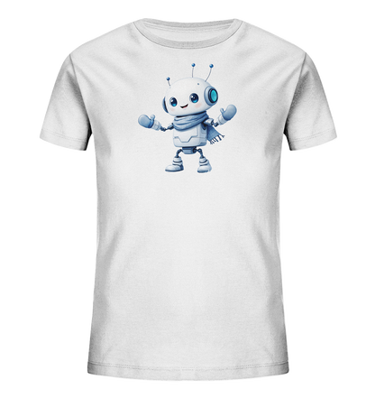 Onlineshop Shirts für Kinder - Das Bild zeigt ein weißes T-Shirt für Kinder mit einem Aufdruck auf der Vorderseite. Der Aufdruck ist eine niedliche, cartoonartige Illustration eines kleinen Roboters. Der Roboter ist überwiegend weiß und grau gehalten, mit blauen Akzenten an Augen, Schal, Handschuhen, Füßen und Antennen. Der Roboter hat ein freundliches Gesicht und steht mit ausgestreckten Armen da, was ihm eine offene und einladende Pose verleiht.