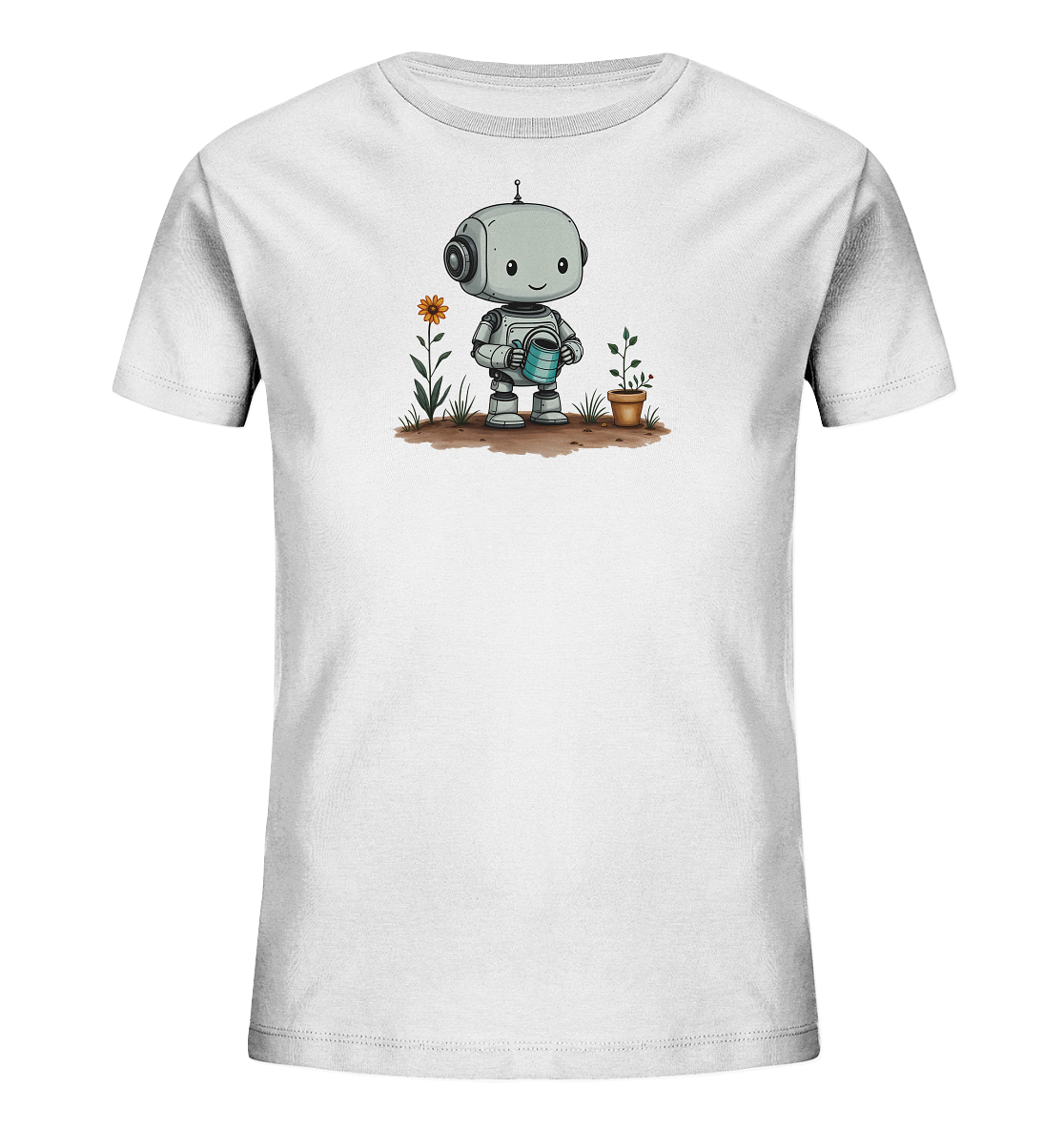 Onlineshop Shirts für Kinder - Das Bild zeigt ein weißes Kinder-T-Shirt mit einem Aufdruck auf der Vorderseite. Der Aufdruck stellt einen niedlichen, grau-blauen Roboter dar, der eine Gießkanne hält. Der Roboter steht auf brauner Erde neben einer Blume und einer kleinen Pflanze im Topf. Die Szene zeigt den Roboter beim Gärtnern und hat einen freundlichen, verspielten Charakter, der gut für Kinder geeignet ist.