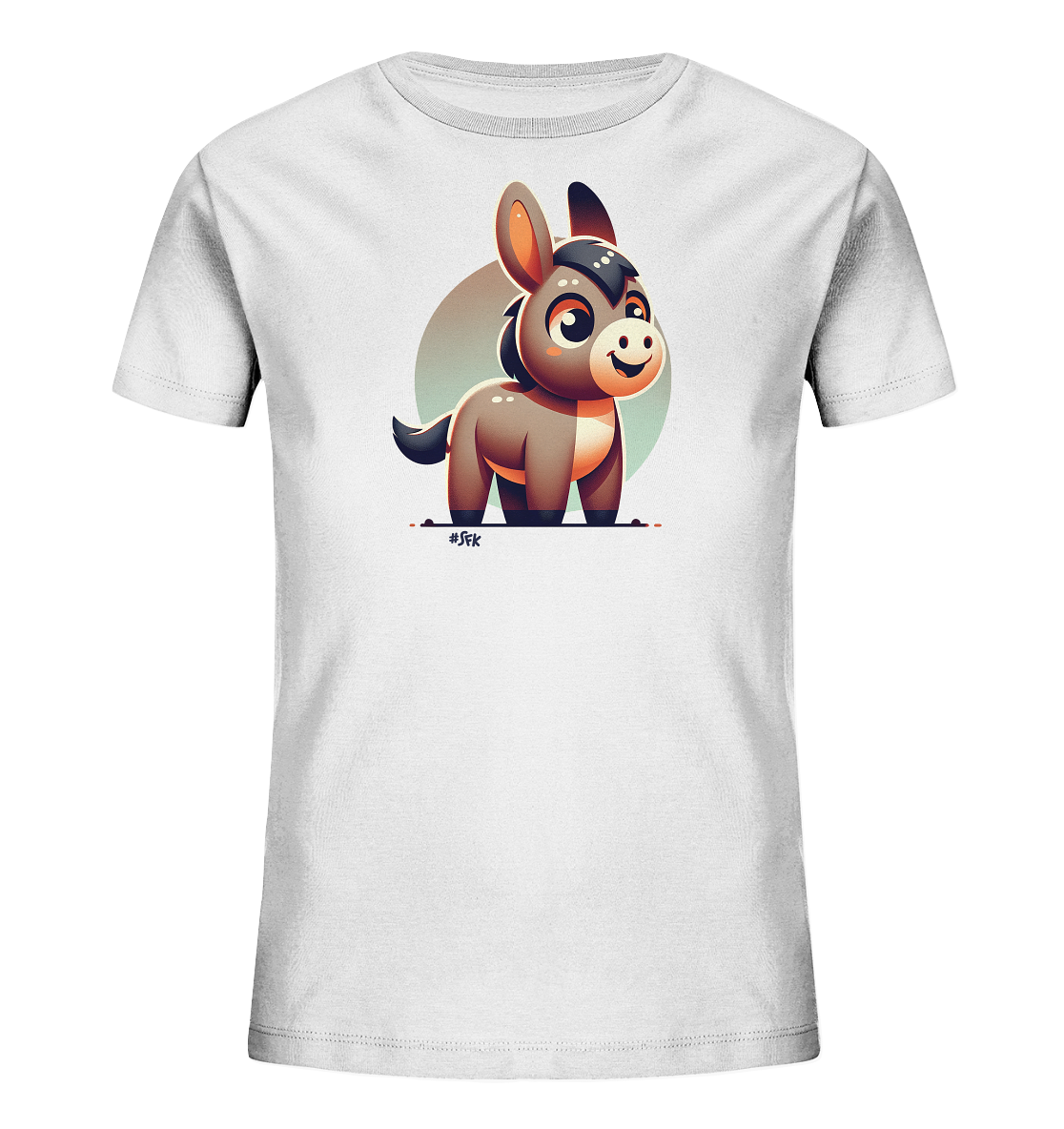 Onlineshop Shirts fuer Kinder - Das Bild zeigt ein weisses T-Shirt fuer Kinder mit einer niedlichen Illustration auf der Vorderseite. Darauf ist ein kleiner, brauner Comic-Esel mit grossen Augen und einem freundlichen Ausdruck zu sehen. Der Esel steht vor einem hellen, runden Hintergrund. Das verspielte Design ist ideal fuer Kinder.