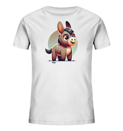 Onlineshop Shirts fuer Kinder - Das Bild zeigt ein weisses T-Shirt fuer Kinder mit einer niedlichen Illustration auf der Vorderseite. Darauf ist ein kleiner, brauner Comic-Esel mit grossen Augen und einem freundlichen Ausdruck zu sehen. Der Esel steht vor einem hellen, runden Hintergrund. Das verspielte Design ist ideal fuer Kinder.