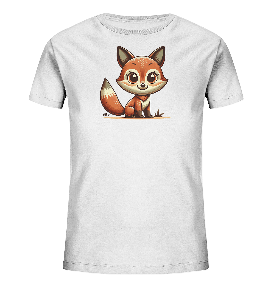 Onlineshop Shirts fuer Kinder - Ein weisses Kinder-T-Shirt mit einer suessen, cartoonhaften Illustration eines sitzenden Fuchses auf der Vorderseite. Der Fuchs hat grosse, ausdrucksstarke Augen und einen buschigen Schwanz. Dieses einfache Design wirkt sehr freundlich.
