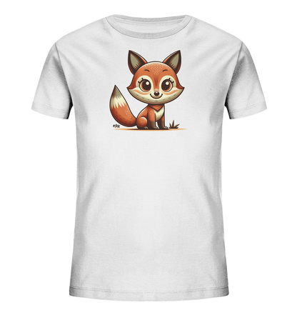 Onlineshop Shirts fuer Kinder - Ein weisses Kinder-T-Shirt mit einer suessen, cartoonhaften Illustration eines sitzenden Fuchses auf der Vorderseite. Der Fuchs hat grosse, ausdrucksstarke Augen und einen buschigen Schwanz. Dieses einfache Design wirkt sehr freundlich.
