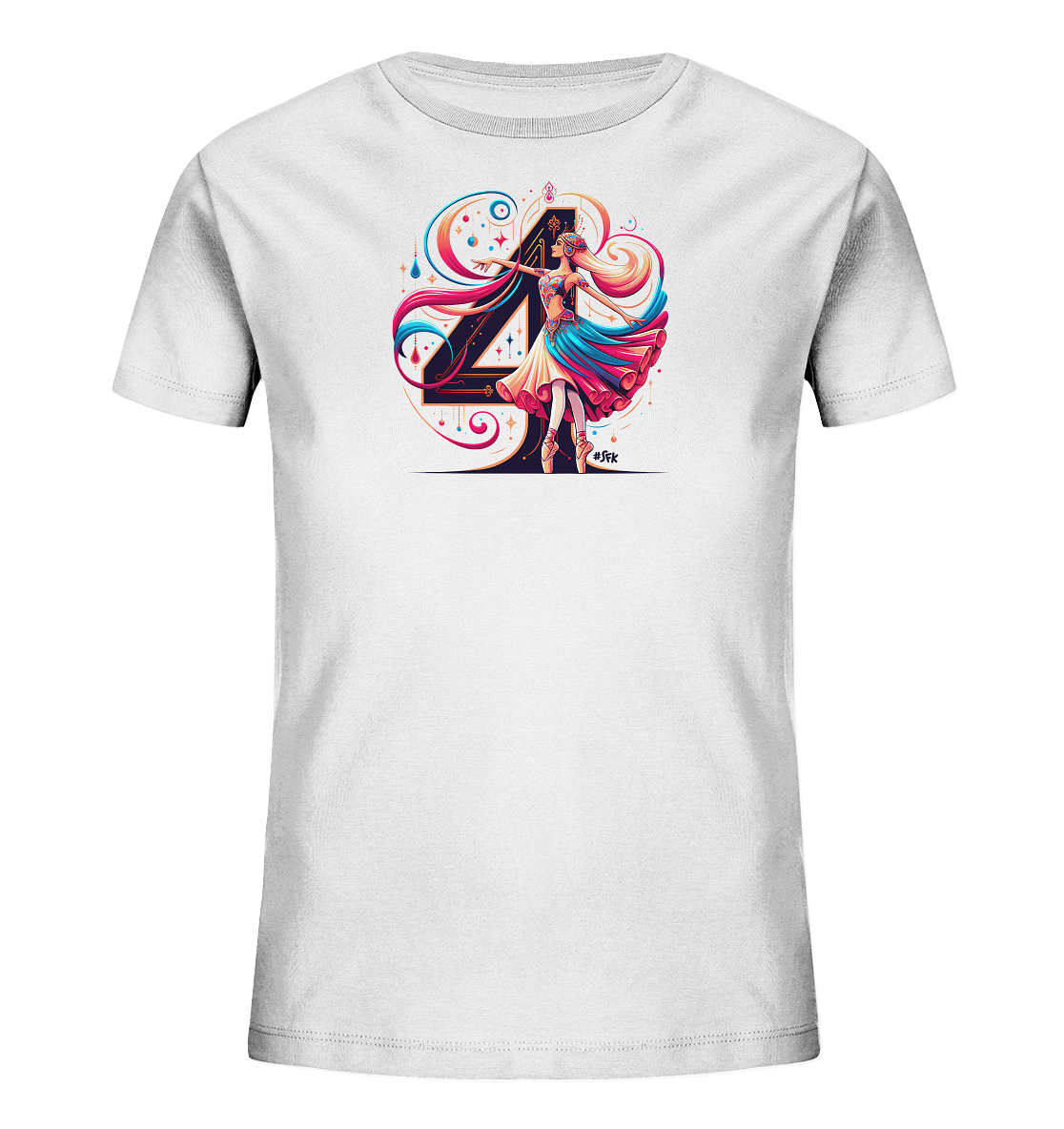 Onlineshop Shirts fuer Kinder - Das Bild zeigt ein weisses Kinder-T-Shirt mit einem lebendigen, kuenstlerischen Motiv auf der Vorderseite. Im Zentrum steht eine stilisierte Zahl 4, umgeben von einer anmutigen Figur, die tanzt. Bunte, fliessende Linien und dekorative Elemente in Blau, Pink und Gold ergaenzen das Design. Das Gesamtbild wirkt verspielt und farbenfroh.