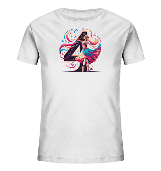 Onlineshop Shirts fuer Kinder - Das Bild zeigt ein weisses Kinder-T-Shirt mit einem lebendigen, kuenstlerischen Motiv auf der Vorderseite. Im Zentrum steht eine stilisierte Zahl 4, umgeben von einer anmutigen Figur, die tanzt. Bunte, fliessende Linien und dekorative Elemente in Blau, Pink und Gold ergaenzen das Design. Das Gesamtbild wirkt verspielt und farbenfroh.