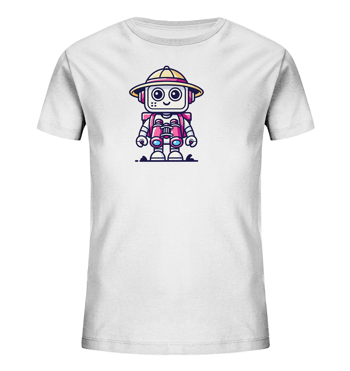 Onlineshop Shirts für Kinder - Dieses Bild zeigt ein weißes T-Shirt für Kinder mit einem farbenfrohen und lustigen Motiv. Auf der Vorderseite ist eine Illustration eines freundlichen Cartoon-Roboters zu sehen. Der Roboter trägt einen gelben Safari-Hut und eine rote Weste und hält ein Fernglas in den Händen, bereit für Abenteuer. Das Design ist detailreich gestaltet und weckt die Neugier, perfekt für kleine Entdecker.