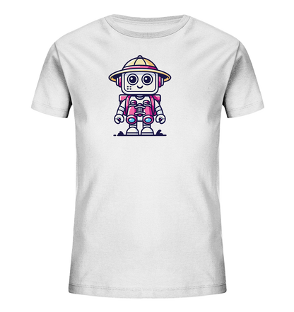 Onlineshop Shirts für Kinder - Dieses Bild zeigt ein weißes T-Shirt für Kinder mit einem farbenfrohen und lustigen Motiv. Auf der Vorderseite ist eine Illustration eines freundlichen Cartoon-Roboters zu sehen. Der Roboter trägt einen gelben Safari-Hut und eine rote Weste und hält ein Fernglas in den Händen, bereit für Abenteuer. Das Design ist detailreich gestaltet und weckt die Neugier, perfekt für kleine Entdecker.