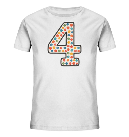Kinder T-Shirt mit großer Zahl 4, bunten Punkten und dunkler Umrandung