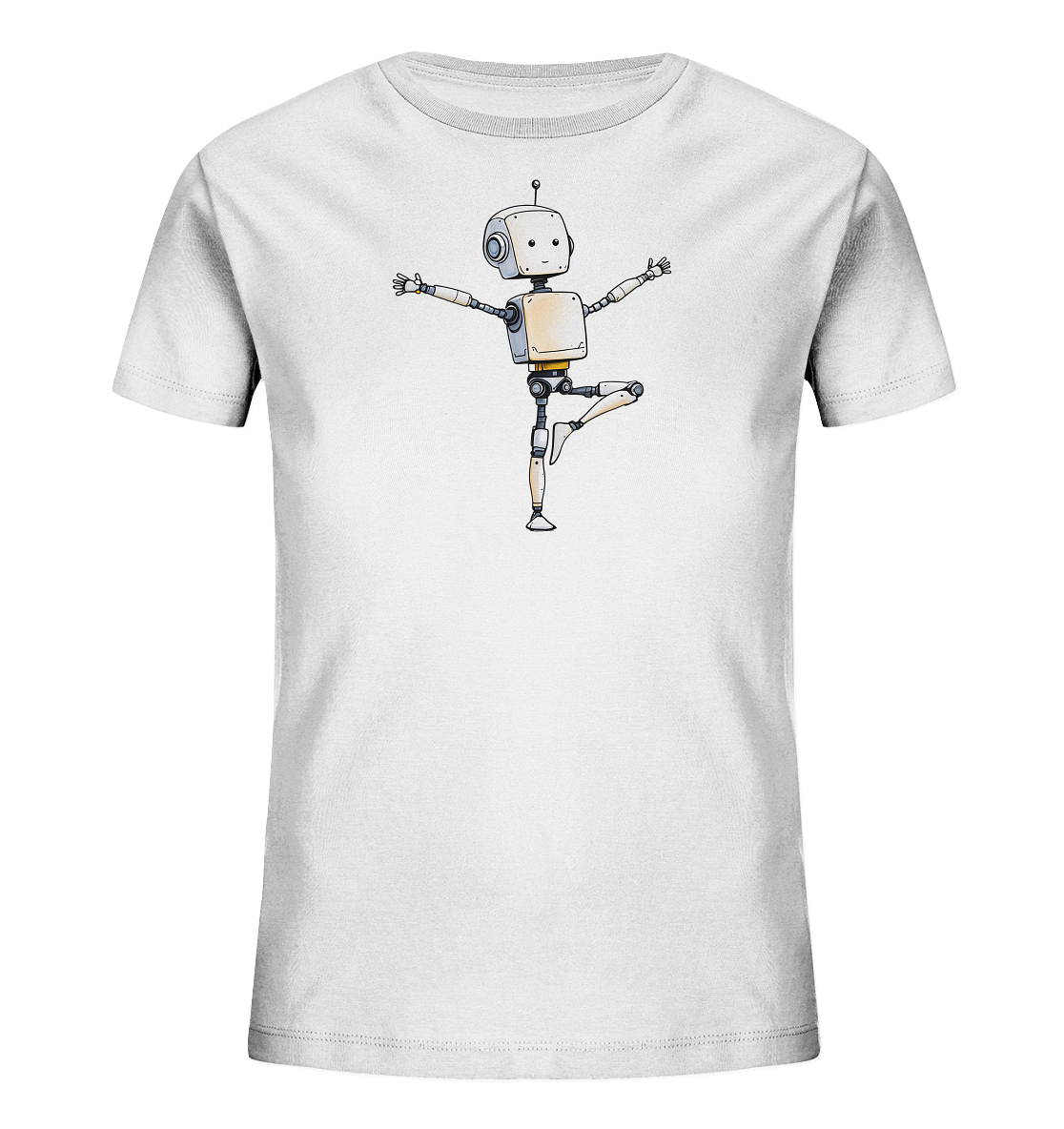 Onlineshop Shirts für Kinder - Das Bild zeigt ein weißes T-Shirt für Kinder. Zentral auf der Vorderseite ist eine Illustration eines kleinen Roboters platziert. Der Roboter steht in einer dynamischen Pose, die an Balancieren oder Tanzen erinnert, mit ausgestreckten Armen und einem angehobenen Bein. Er hat ein freundliches Gesicht mit großen Augen und eine Antenne auf dem Kopf, dargestellt in einem klaren, gezeichneten Stil mit Details in Grau und Gelb.
