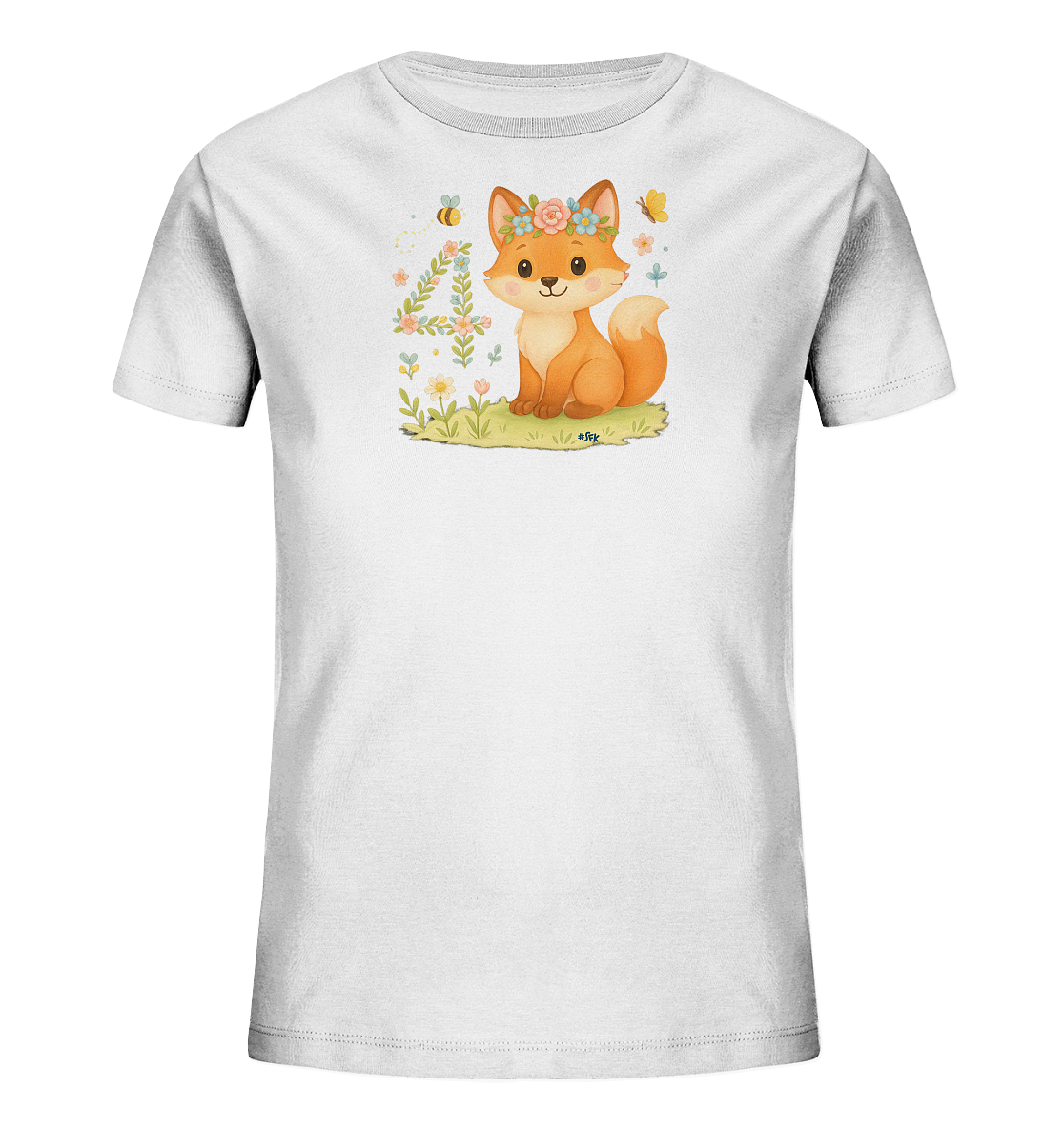 Onlineshop Shirts fuer Kinder - Das Bild zeigt ein weisses Kinder-T-Shirt mit einer niedlichen Illustration. Ein kleiner Fuchs mit Blumenkranz sitzt neben der floral verzierten Zahl '4'. Blumen, Gras, eine Biene und ein Schmetterling ergaenzen das verspielte Motiv. Das Design wirkt froehlich und naturverbunden.