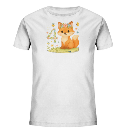 Onlineshop Shirts fuer Kinder - Das Bild zeigt ein weisses Kinder-T-Shirt mit einer niedlichen Illustration. Ein kleiner Fuchs mit Blumenkranz sitzt neben der floral verzierten Zahl '4'. Blumen, Gras, eine Biene und ein Schmetterling ergaenzen das verspielte Motiv. Das Design wirkt froehlich und naturverbunden.