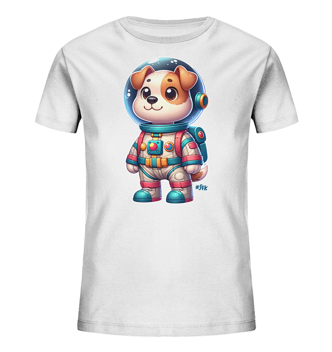 Onlineshop Shirts fuer Kinder - Das Bild zeigt ein weisses Kinder-T-Shirt mit einem niedlichen Cartoon-Motiv auf der Vorderseite. Abgebildet ist ein Hund in einem farbigen Astronautenanzug, komplett mit Helm und Rucksack. Der Hund blickt freundlich nach vorne. Dieses verspielte Design ist ideal fuer kleine Entdecker.