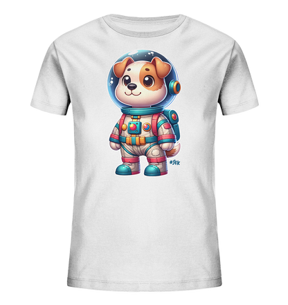 Onlineshop Shirts fuer Kinder - Das Bild zeigt ein weisses Kinder-T-Shirt mit einem niedlichen Cartoon-Motiv auf der Vorderseite. Abgebildet ist ein Hund in einem farbigen Astronautenanzug, komplett mit Helm und Rucksack. Der Hund blickt freundlich nach vorne. Dieses verspielte Design ist ideal fuer kleine Entdecker.