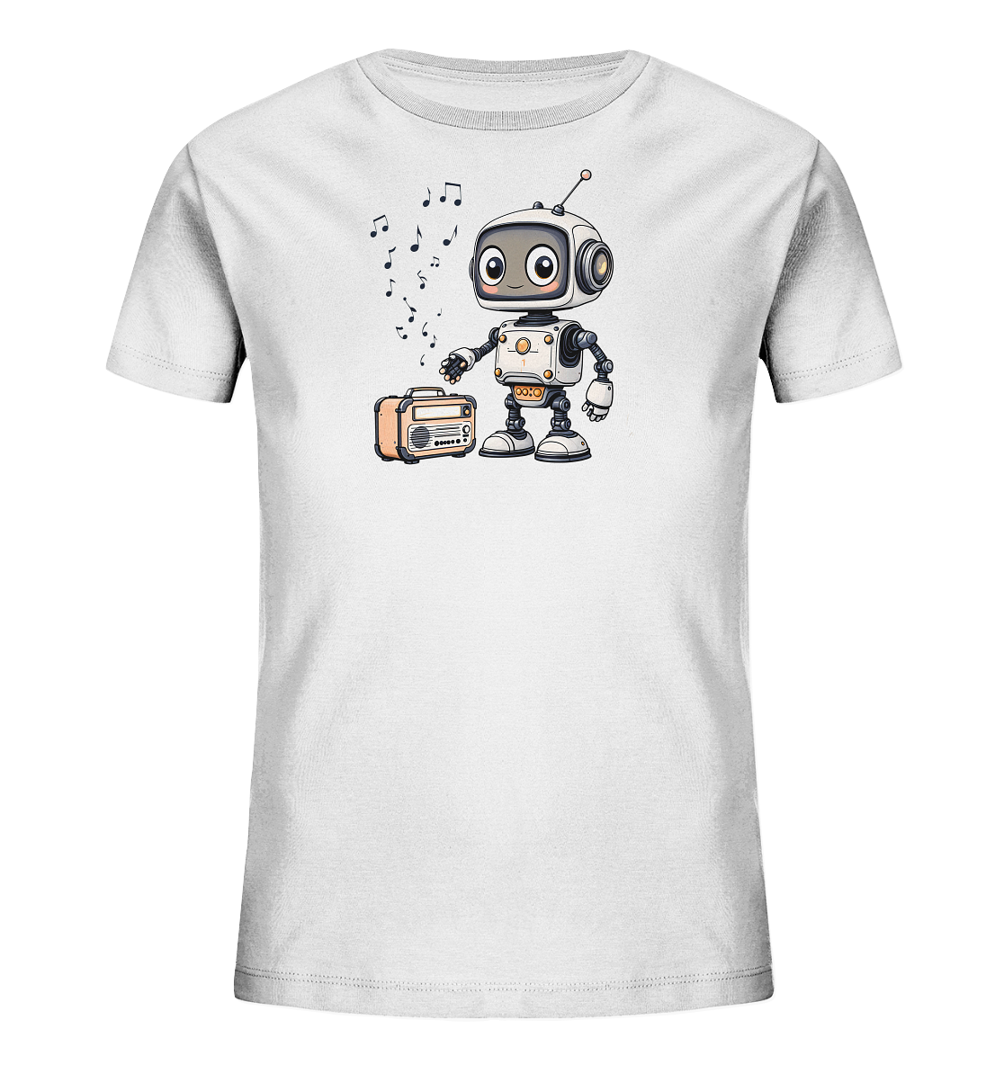 Onlineshop Shirts für Kinder - Das Bild zeigt ein weißes Kinder-T-Shirt mit einer freundlichen Cartoon-Illustration. Ein niedlicher Roboter mit großen Augen und einer Antenne steht neben einem orangefarbenen, vintage-ähnlichen Radio. Über dem Roboter und dem Radio schweben mehrere musikalische Noten, was darauf hindeutet, dass Musik gespielt wird oder der Roboter Musik mag. Dieses verspielte Design ist farbenfroh und ansprechend für Kinder.