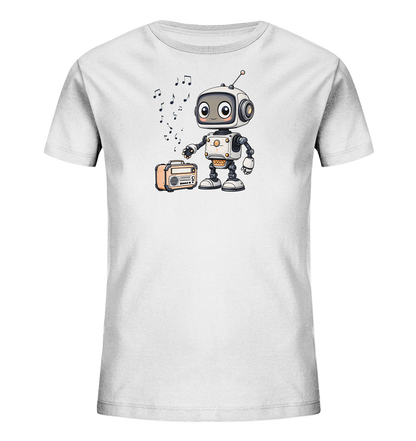 Onlineshop Shirts für Kinder - Das Bild zeigt ein weißes Kinder-T-Shirt mit einer freundlichen Cartoon-Illustration. Ein niedlicher Roboter mit großen Augen und einer Antenne steht neben einem orangefarbenen, vintage-ähnlichen Radio. Über dem Roboter und dem Radio schweben mehrere musikalische Noten, was darauf hindeutet, dass Musik gespielt wird oder der Roboter Musik mag. Dieses verspielte Design ist farbenfroh und ansprechend für Kinder.
