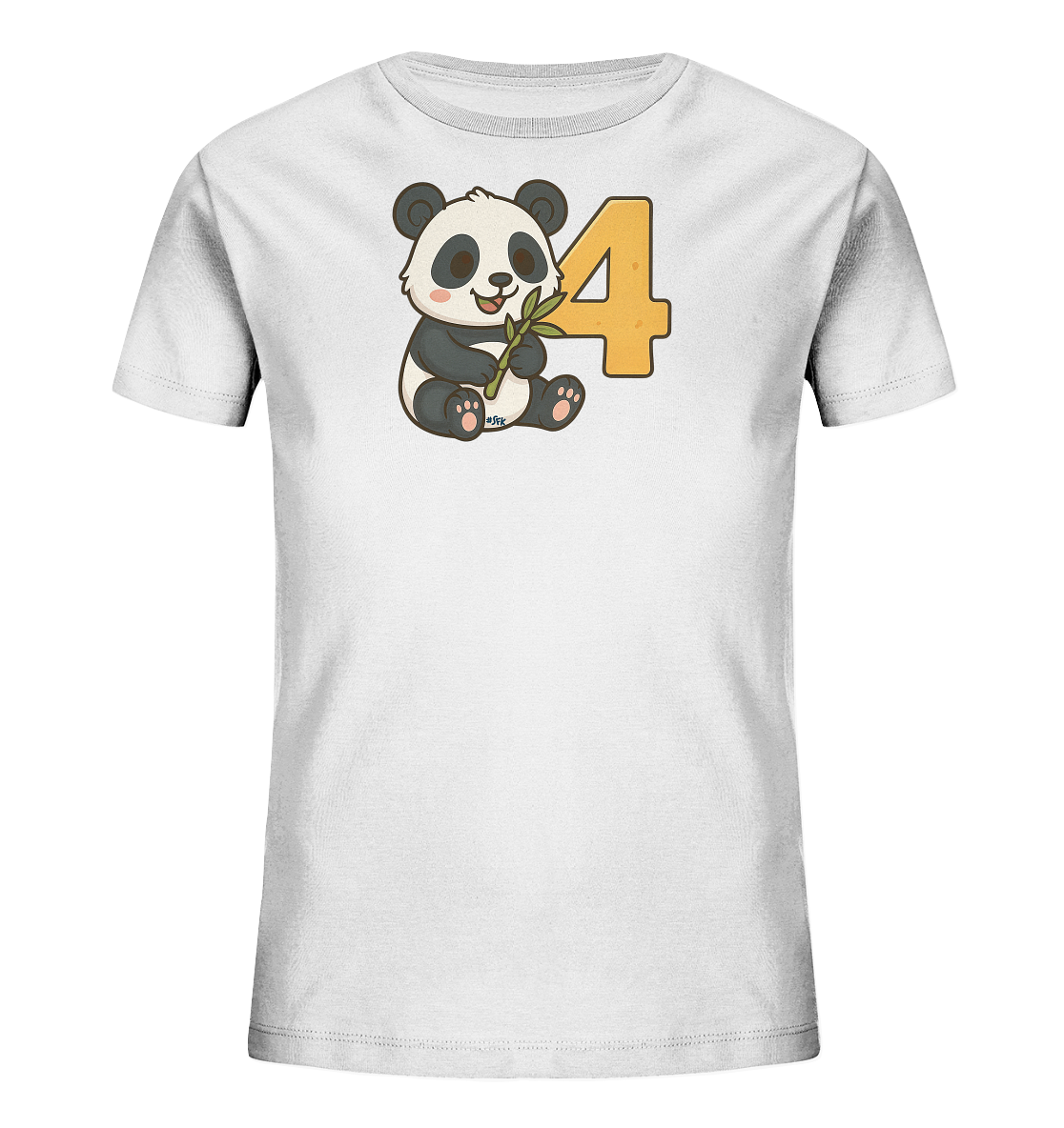 Onlineshop Shirts fuer Kinder - Das Bild zeigt ein weisses Kinder-T-Shirt mit einem niedlichen Aufdruck. Ein kleiner Panda sitzt mit einem Bambuszweig in den Pfoten neben der grossen, orangefarbenen Zahl '4'. Der Panda hat grosse Augen und ein freundliches Laecheln, was dem Design einen verspielten Charakter verleiht.