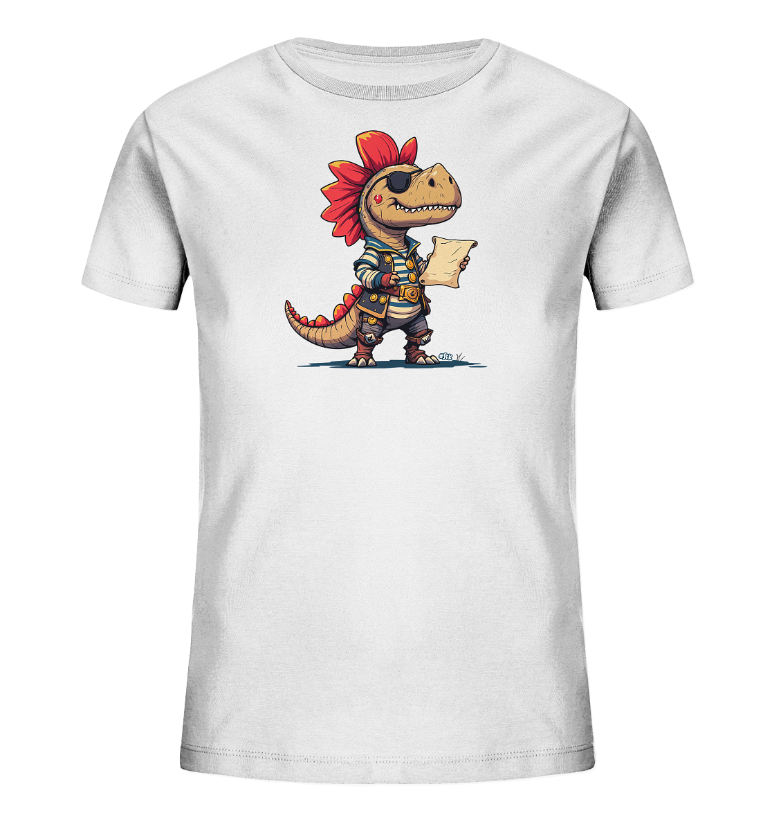 Onlineshop Shirts fuer Kinder - Das Bild zeigt ein weisses T-Shirt mit einer farbigen Illustration eines Dinosauriers. Der Dinosaurier ist als Pirat gekleidet, traegt eine Augenklappe und haelt eine Schriftrolle. Die Grafik hat einen detaillierten und verspielten Cartoon-Stil.