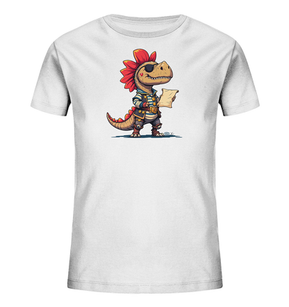 Onlineshop Shirts fuer Kinder - Das Bild zeigt ein weisses T-Shirt mit einer farbigen Illustration eines Dinosauriers. Der Dinosaurier ist als Pirat gekleidet, traegt eine Augenklappe und haelt eine Schriftrolle. Die Grafik hat einen detaillierten und verspielten Cartoon-Stil.