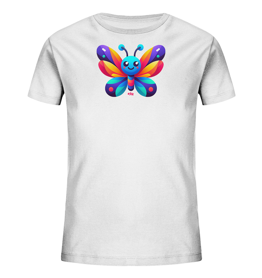 Onlineshop Shirts fuer Kinder - Das Bild zeigt ein weisses Kinder T-Shirt mit einem grossen, farbenfrohen Grafikdruck auf der Vorderseite. Der Druck stellt einen laechelnden Comic-Schmetterling dar, dessen Fluegel in leuchtenden Farben wie Blau, Gruen, Gelb, Orange, Rot und Violett gehalten sind. Der Schmetterling hat einen blauen Koerper und grosse Augen. Die Gesamtgestaltung wirkt freundlich und lebhaft.