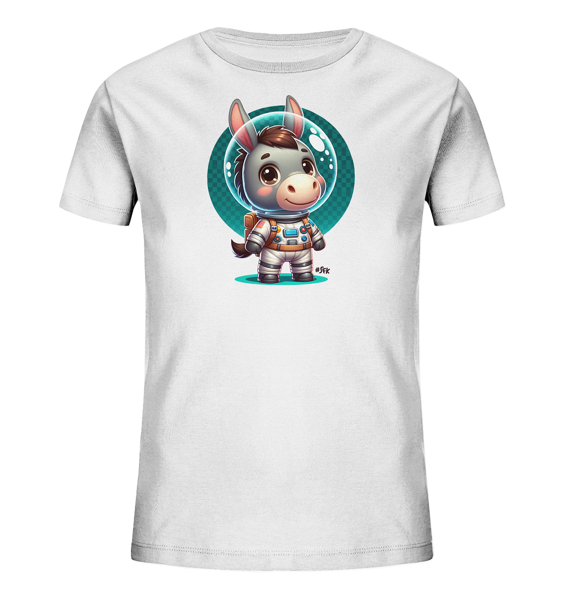 Onlineshop Shirts fuer Kinder - Ein weisses Kinder-T-Shirt zeigt eine suesse Illustration eines Esels in einem Astronautenanzug. Der Esel traegt einen Helm, der von einer Blase umschlossen ist, und steht vor einem kreisfoermigen, gemusterten Hintergrund. Das Design wirkt verspielt und fantasievoll, perfekt fuer kleine Weltraum-Fans.