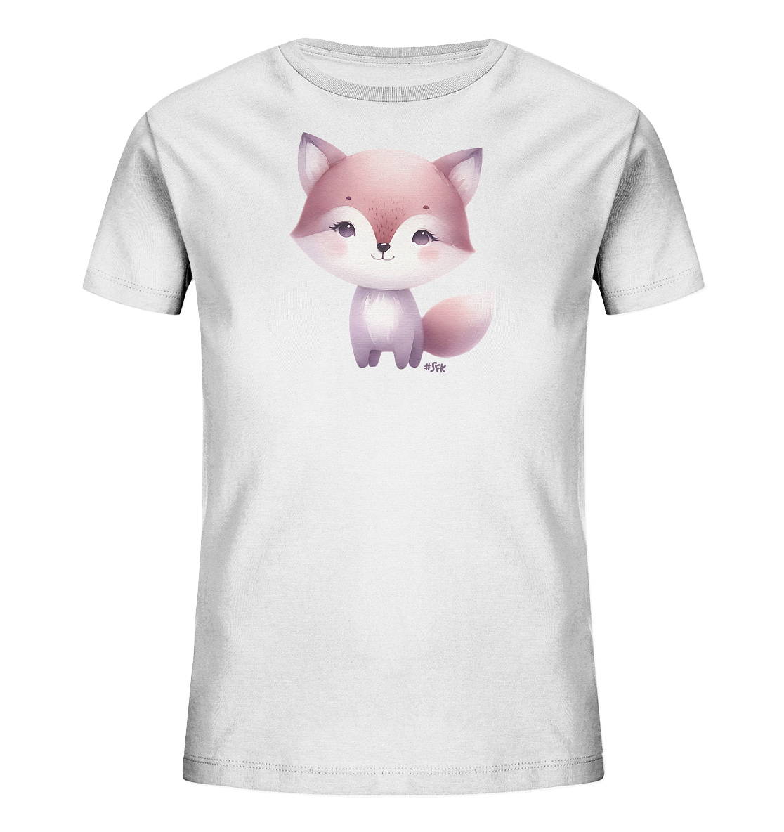 Onlineshop Shirts fuer Kinder - Das Bild zeigt ein weisses T-Shirt fuer Kinder. Auf der Vorderseite ist eine niedliche Grafik eines sitzenden Fuchses zu sehen. Der Fuchs ist in sanften Rosa- und Lilatoenen gehalten und hat grosse, freundliche Augen. Das Design wirkt verspielt und ansprechend.