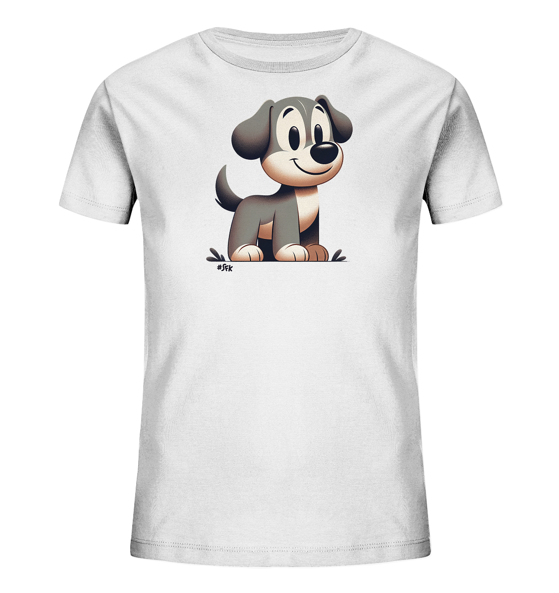 Onlineshop Shirts fuer Kinder - Das Bild zeigt ein weisses T-Shirt fuer Kinder mit einem niedlichen Comic-Motiv auf der Vorderseite. Zu sehen ist ein freundlicher Hund mit grauem und beigefarbenem Fell, grossen Augen und einem breiten Laecheln. Der Hund sitzt auf einer stilisierten Flaeche, die Gras oder Boden darstellt. Das Design ist einfach und kindgerecht gestaltet.