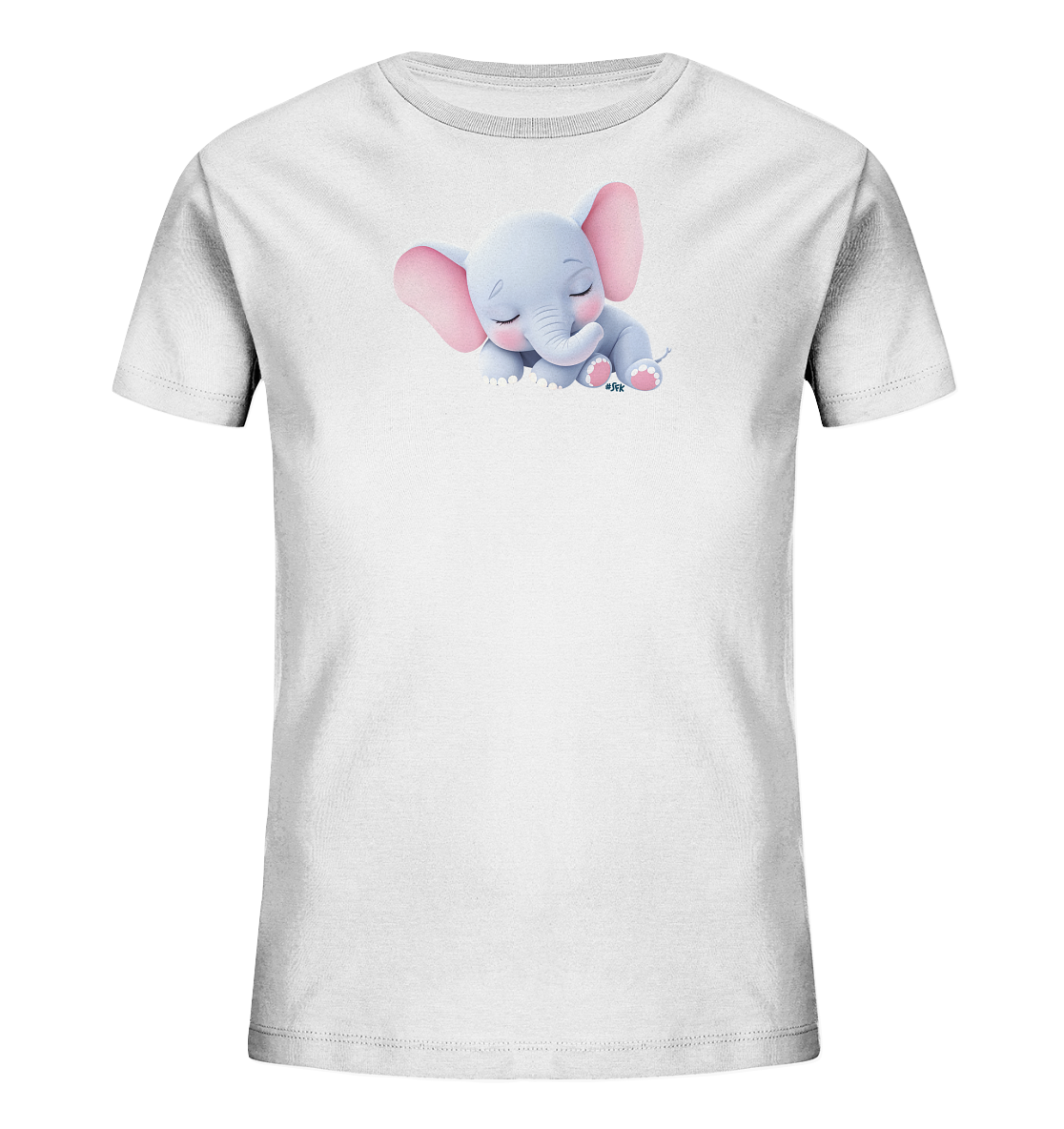 Onlineshop Shirts fuer Kinder - Das Bild zeigt ein weisses T-Shirt fuer Kinder mit einem niedlichen Tiermotiv. Auf der Vorderseite ist ein schlafendes, hellblaues Elefantenbaby mit rosa Ohren und Zehen abgebildet. Der Elefant liegt friedlich da und hat die Augen geschlossen, was ein beruhigendes Bild erzeugt. Das Design ist sanft und kinderfreundlich gestaltet.