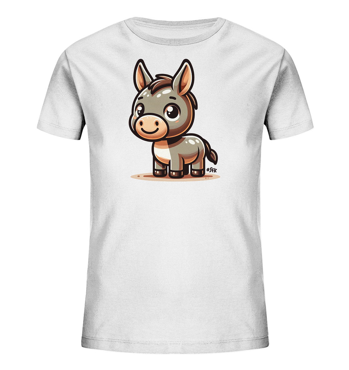 Onlineshop Shirts fuer Kinder - Das Bild zeigt ein weisses Kinder-T-Shirt mit einem Motiv auf der Vorderseite. Zu sehen ist eine niedliche, cartoonhafte Illustration eines kleinen Esels. Der Esel steht aufrecht und hat grosse Augen sowie ein freundliches Laecheln. Die Grafik ist detailliert gestaltet und wirkt verspielt.