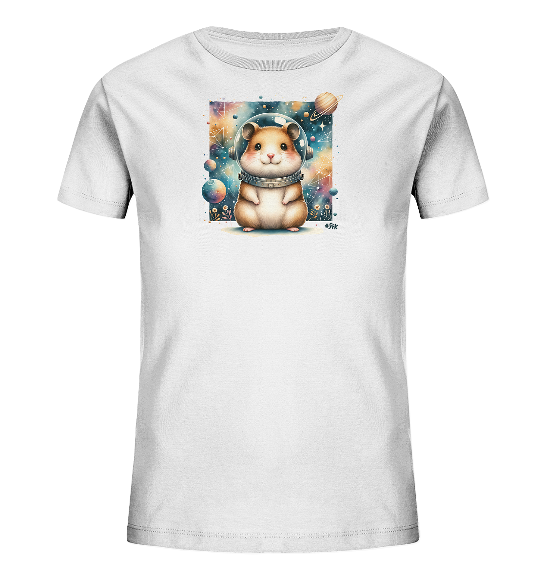 Onlineshop Shirts fuer Kinder - Ein weisses T-Shirt mit einem suessen Hamster im Astronautenhelm. Er sitzt vor einem bunten Weltall-Hintergrund mit Sternen und Planeten. Das Motiv ist ideal fuer Kinder.