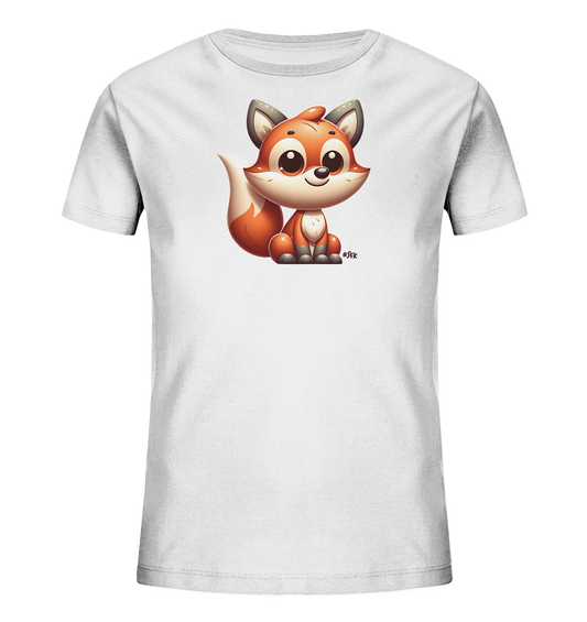 Onlineshop Shirts fuer Kinder - Das Bild zeigt ein weisses T-Shirt fuer Kinder. Auf der Vorderseite ist eine niedliche, cartoonhafte Illustration eines Fuchses abgebildet. Der Fuchs sitzt und hat grosse, freundliche Augen sowie leuchtend orangefarbenes Fell mit weissen und grauen Akzenten. Das Motiv verleiht dem Shirt einen verspielten Look.