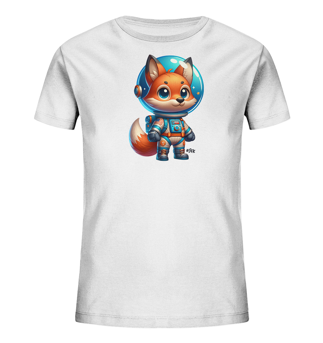 Onlineshop Shirts fuer Kinder - Das Bild zeigt ein weisses Kinder T-Shirt mit einem detailreichen Druck auf der Vorderseite. Zu sehen ist eine niedliche, cartoonhafte Illustration eines Fuchses, der einen Astronautenanzug traegt. Das Motiv ist farbenfroh gestaltet und zeigt den Fuchs mit einem Helm, in dessen Inneren Sterne zu sehen sind. Das Design ist verspielt und fantasievoll, ideal fuer kleine Weltraum-Fans.