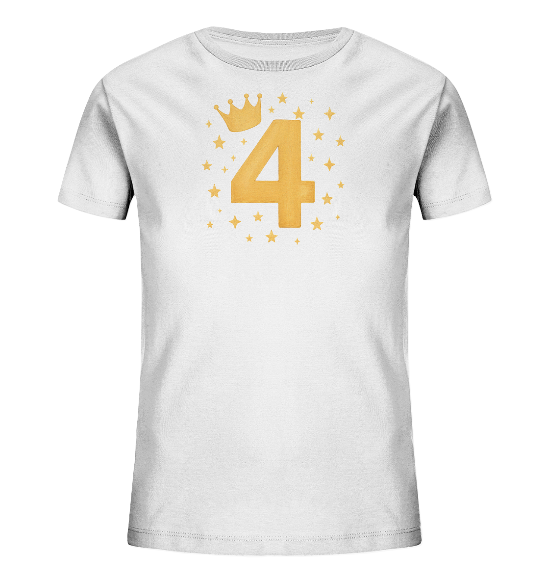 Onlineshop Shirts fuer Kinder - Dieses Bild zeigt ein schlichtes weisses T-Shirt fuer Kinder. Auf der Vorderseite ist zentral die goldfarbene Zahl '4' abgebildet. Darueber befindet sich eine passende goldene Krone, umrahmt von kleinen Sternen und Pluszeichen in derselben goldenen Farbe. Das Design wirkt festlich und verspielt.