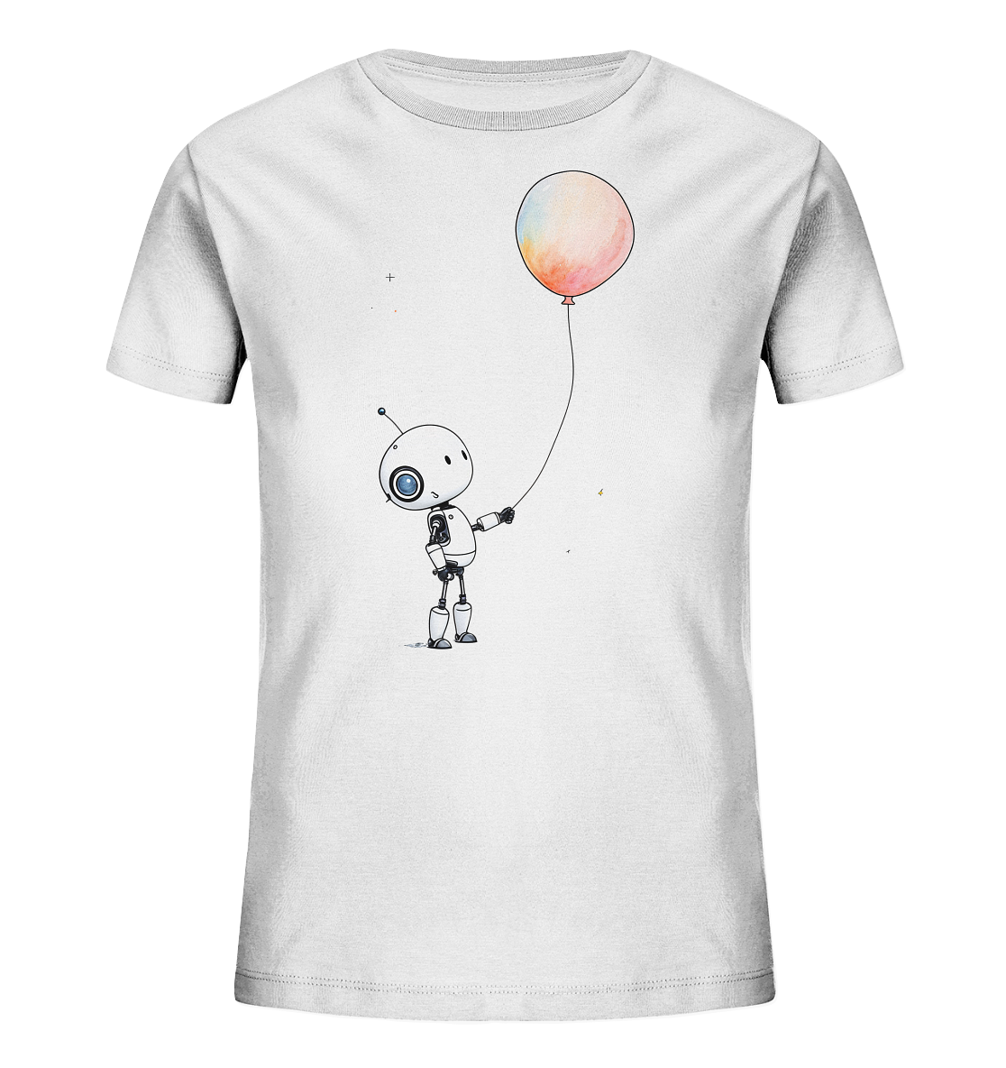 Onlineshop Shirts für Kinder - Das Bild zeigt ein weißes Kinder-T-Shirt aus Bio-Baumwolle. Auf der Vorderseite ist eine niedliche, gezeichnete Illustration eines kleinen Roboters zu sehen. Der Roboter hält an einer Schnur einen bunten Ballon in den Farben Orange, Gelb und Blau. Das Design ist minimalistisch und kindgerecht gestaltet.