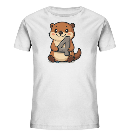 Onlineshop Shirts fuer Kinder - Das Bild zeigt ein weisses Kinder-T-Shirt mit einem niedlichen Cartoon-Motiv. Ein brauner Otter sitzt darauf und haelt eine grosse, graue Zahl Vier in seinen Pfoten. Der Otter hat ein freundliches Laecheln und grosse, dunkle Augen. Das Design wirkt verspielt und ansprechend fuer junge Kinder.