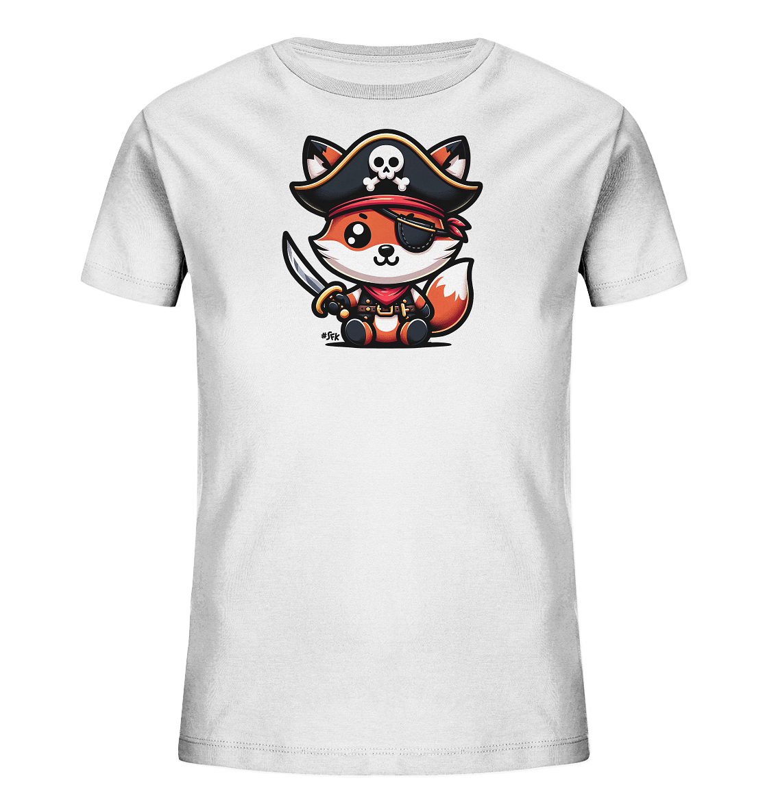 Onlineshop Shirts fuer Kinder - Weisses T-Shirt mit niedlichem Fuchs im Piratenkostuem. Er traegt Piratenhut, Augenklappe und haelt einen Saebel. Das Design ist farbenfroh und verspielt.