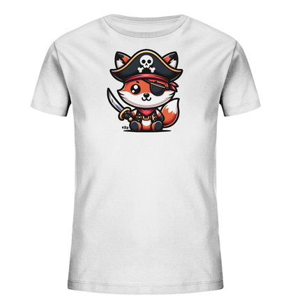 Onlineshop Shirts fuer Kinder - Weisses T-Shirt mit niedlichem Fuchs im Piratenkostuem. Er traegt Piratenhut, Augenklappe und haelt einen Saebel. Das Design ist farbenfroh und verspielt.