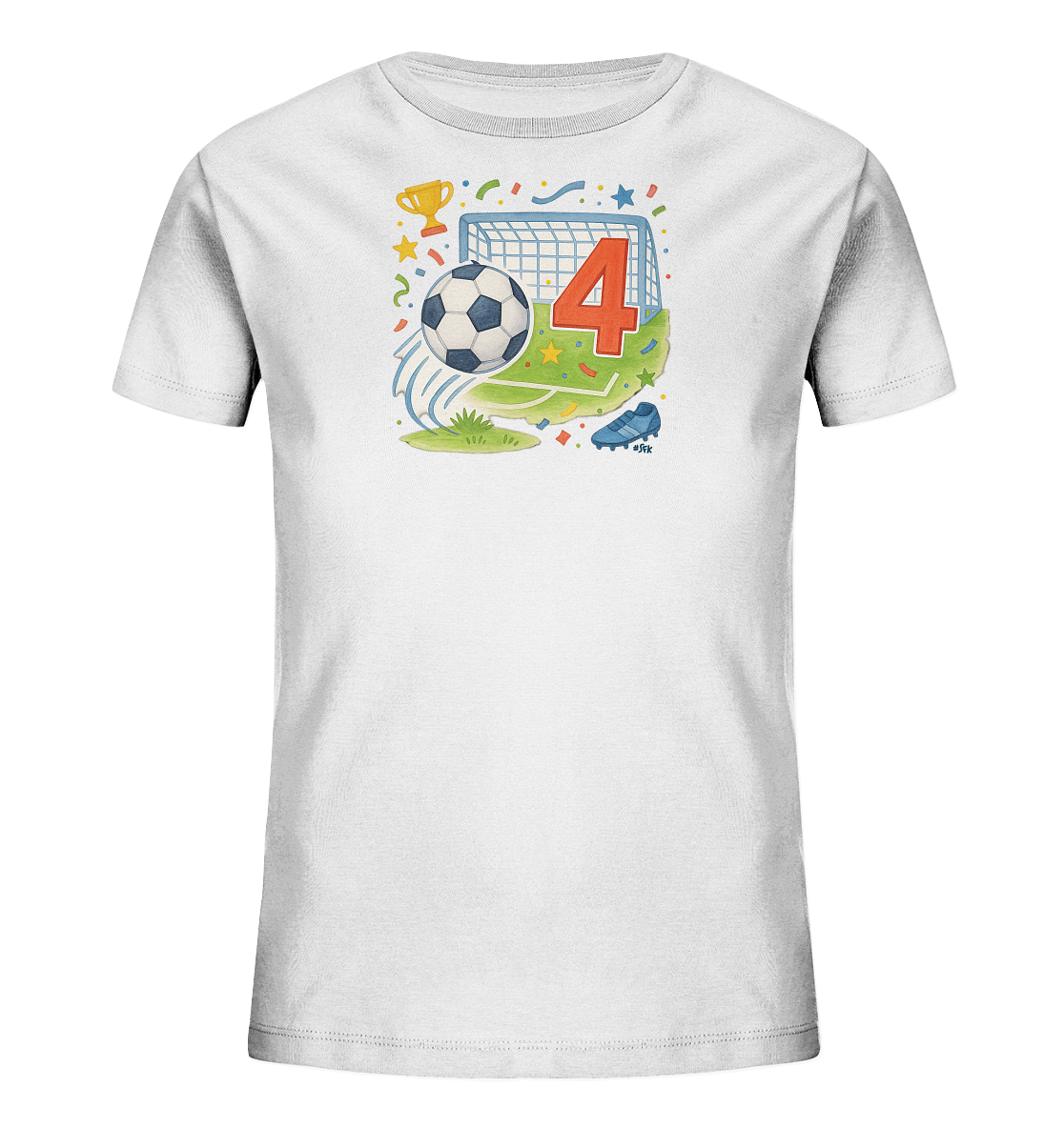Onlineshop Shirts fuer Kinder - Das Bild zeigt ein weisses Kinder-T-Shirt mit einem farbenfrohen Fussballmotiv auf der Vorderseite. Das Design umfasst ein Fussballtor, einen Ball, einen Pokal und die markante Zahl '4'. Elemente wie Sterne, Konfetti und ein Fussballschuh runden das verspielte Geburtstagsthema ab. Die Illustration ist detailreich und ansprechend gestaltet.