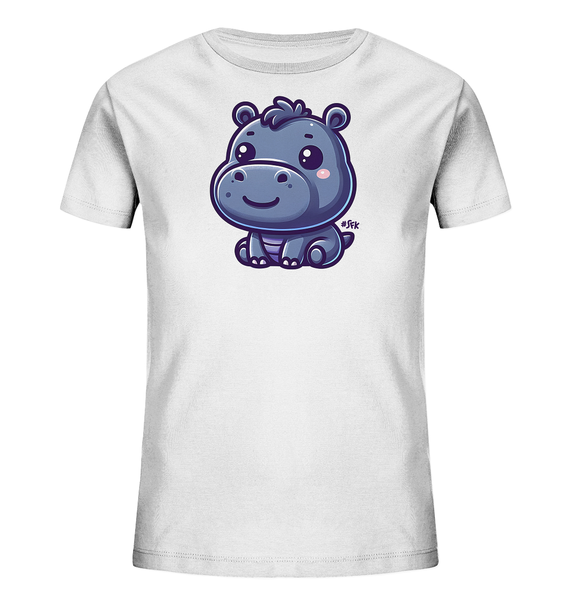 Onlineshop Shirts fuer Kinder - Das Bild zeigt ein weisses T-Shirt mit einem niedlichen Cartoon-Motiv eines sitzenden Nilpferd-Babys. Das Nilpferd ist in blaeulichen und violetten Toenen gehalten und hat grosse, ausdrucksstarke Augen sowie rosafarbene Wangen. Es laechelt freundlich. Die Illustration verleiht dem Shirt einen charmanten und kindgerechten Look.