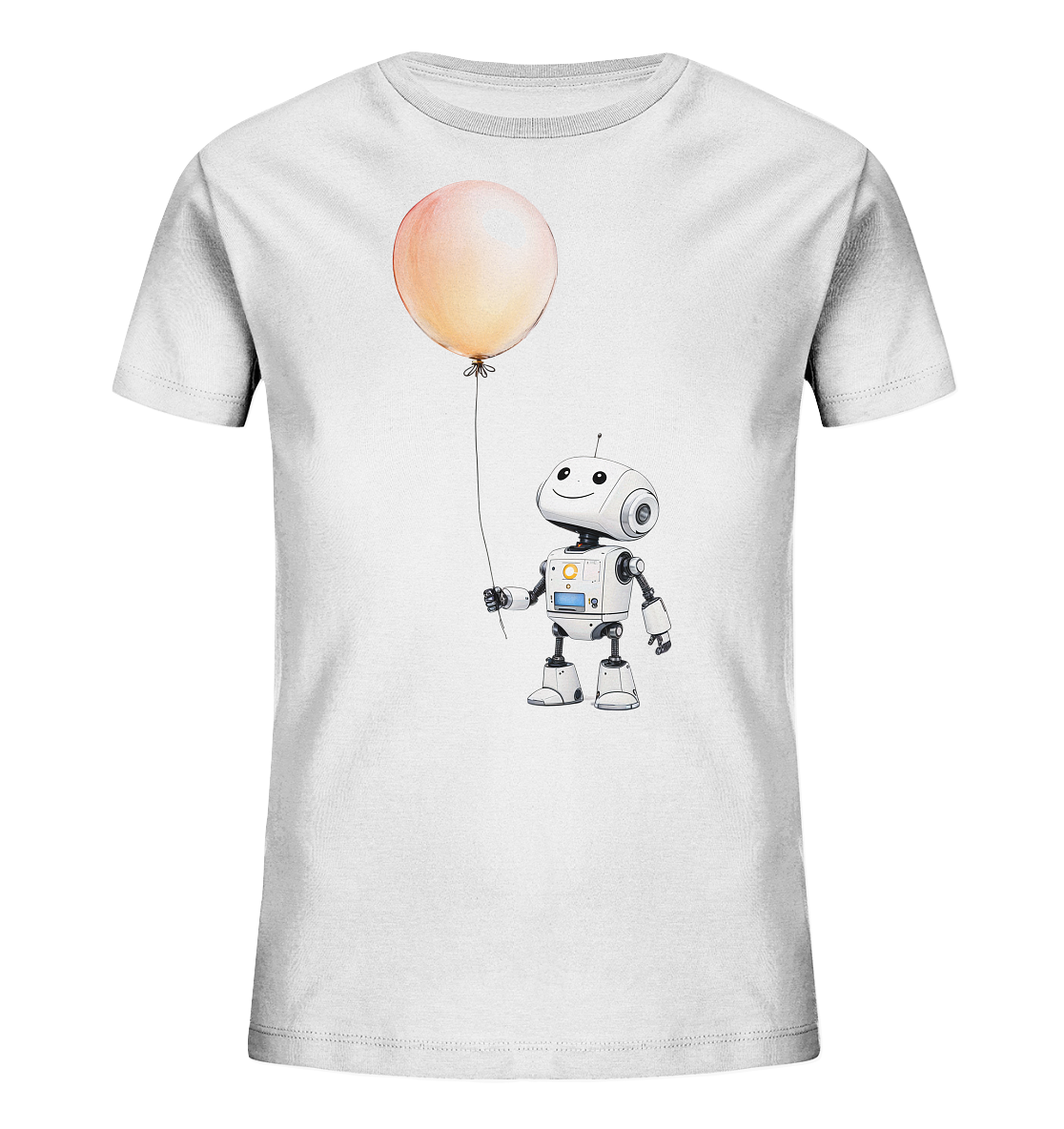 Onlineshop Shirts für Kinder - Das Bild zeigt ein weißes T-Shirt für Kinder mit einem niedlichen Aufdruck auf der Vorderseite. Der Aufdruck stellt einen kleinen, freundlichen Roboter dar, der aufrecht steht und einen rosafarbenen Ballon an einer Schnur hält. Der Roboter hat ein lächelndes Gesicht, große Augen und detaillierte Gliedmaßen sowie ein Bedienfeld auf der Brust. Das Design wirkt verspielt und fantasievoll, ideal für Kinderkleidung.