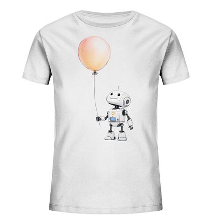 Onlineshop Shirts für Kinder - Das Bild zeigt ein weißes T-Shirt für Kinder mit einem niedlichen Aufdruck auf der Vorderseite. Der Aufdruck stellt einen kleinen, freundlichen Roboter dar, der aufrecht steht und einen rosafarbenen Ballon an einer Schnur hält. Der Roboter hat ein lächelndes Gesicht, große Augen und detaillierte Gliedmaßen sowie ein Bedienfeld auf der Brust. Das Design wirkt verspielt und fantasievoll, ideal für Kinderkleidung.