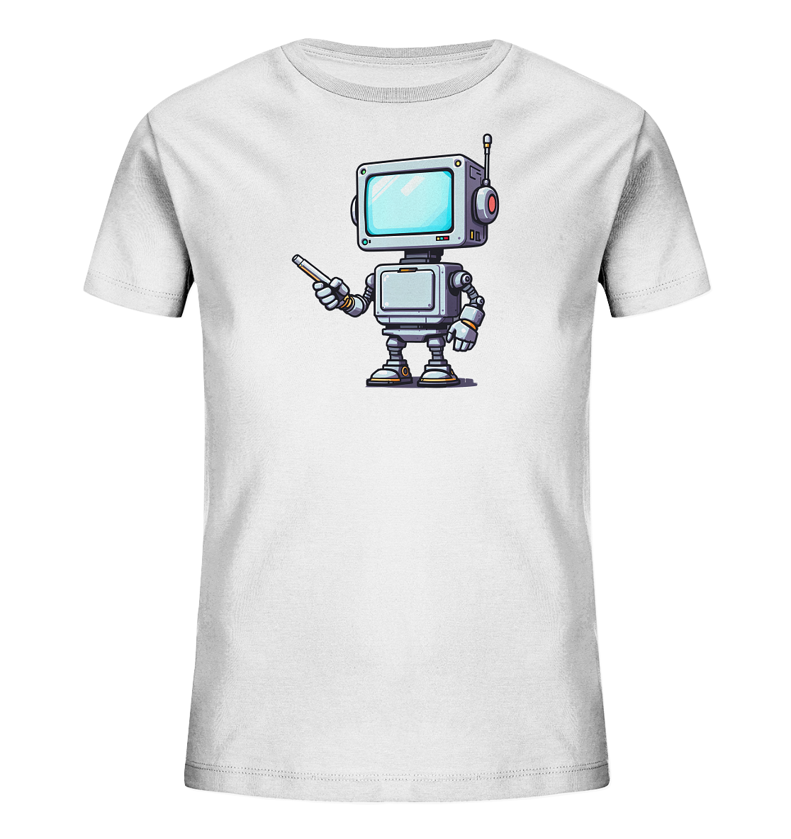 Onlineshop Shirts für Kinder - Das Bild zeigt ein weißes T-Shirt, das speziell für Kinder konzipiert ist. Auf der Vorderseite des Shirts ist eine detaillierte Cartoon-Grafik eines Roboters zu sehen. Der Roboter hat einen rechteckigen Bildschirm als Kopf, eine Antenne und hält in einer Hand einen Pointer oder Stift. Dieses Design ist farbenfroh und kindgerecht gestaltet, was dem einfachen Shirt einen verspielten Touch verleiht.