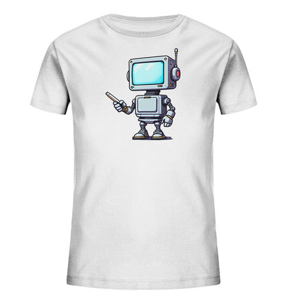 Onlineshop Shirts für Kinder - Das Bild zeigt ein weißes T-Shirt, das speziell für Kinder konzipiert ist. Auf der Vorderseite des Shirts ist eine detaillierte Cartoon-Grafik eines Roboters zu sehen. Der Roboter hat einen rechteckigen Bildschirm als Kopf, eine Antenne und hält in einer Hand einen Pointer oder Stift. Dieses Design ist farbenfroh und kindgerecht gestaltet, was dem einfachen Shirt einen verspielten Touch verleiht.