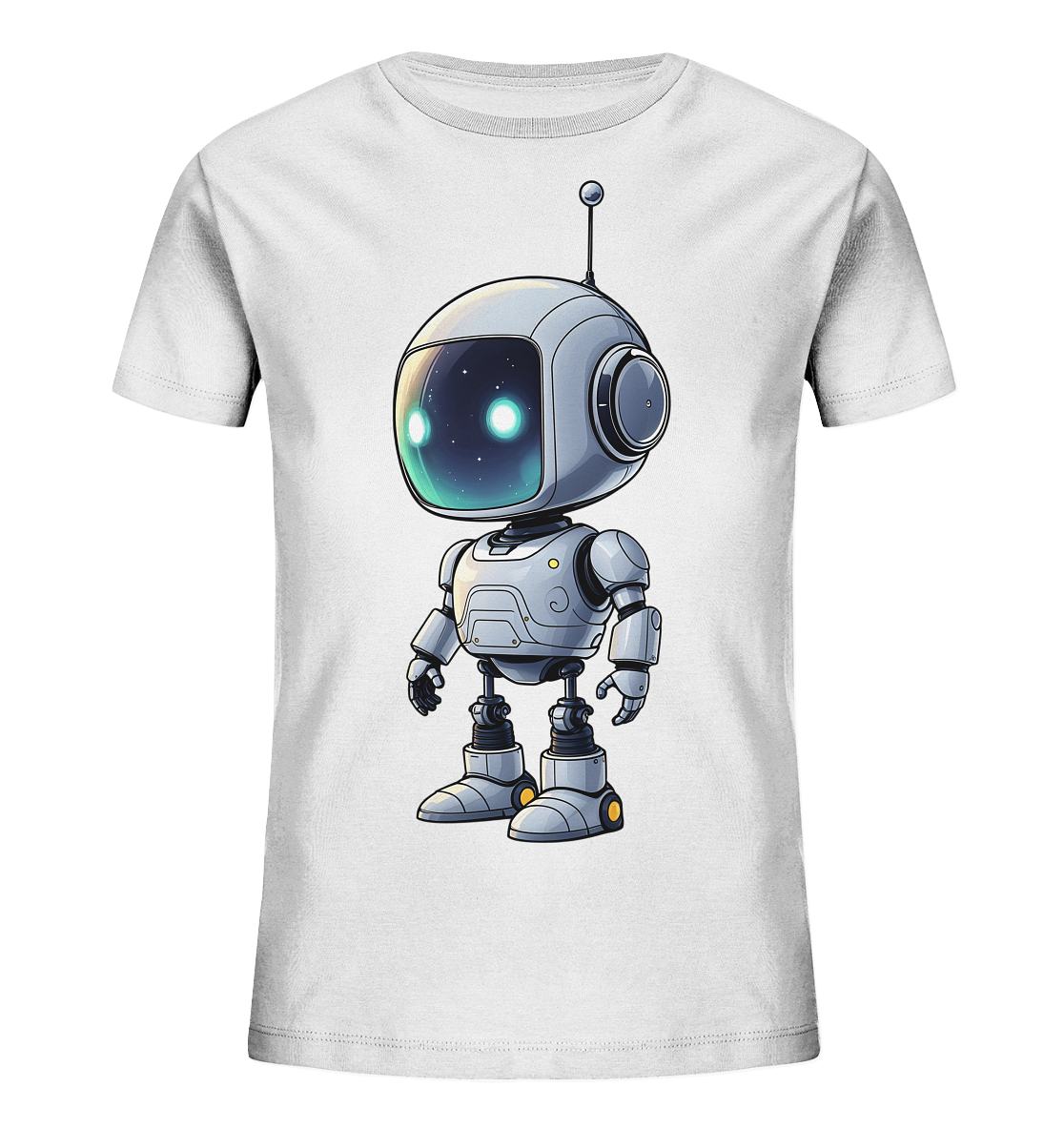 Onlineshop Shirts für Kinder - Das Bild zeigt ein weißes Kinder-T-Shirt mit einem Druck eines freundlichen Cartoon-Roboters auf der Vorderseite. Der Roboter ist überwiegend grau gehalten und hat einen runden Kopf mit einer Antenne und seitlichen Lautsprechern. Seine Augen leuchten blau und zeigen einen sternenähnlichen oder galaktischen Effekt. Der Roboter steht aufrecht und ist detailliert mit mechanisch anmutenden Segmenten und gelben Akzenten an den Füßen dargestellt.