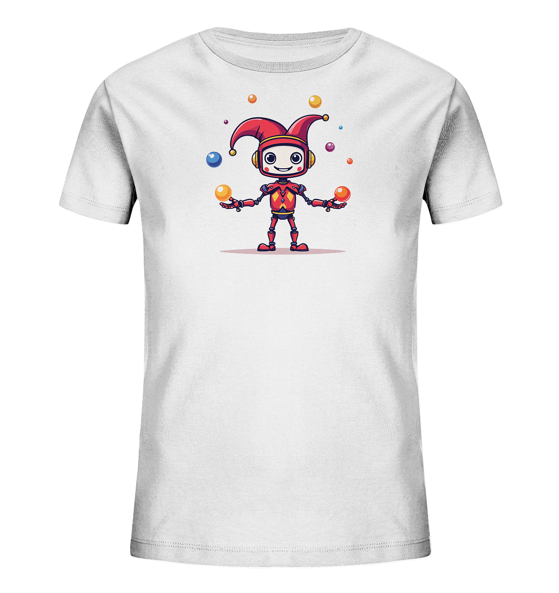 Onlineshop Shirts für Kinder - Das Bild zeigt ein weißes Kinder-T-Shirt mit einem bunten Motiv auf der Vorderseite. Abgebildet ist ein freundlich lächelnder Comic-Roboter, der eine rote Narrenkappe mit Glöckchen trägt. Der Roboter jongliert mit mehreren farbigen Kugeln in den Farben Blau, Gelb, Orange, Rot und Lila. Die Darstellung ist detailliert und farbenfroh, was dem T-Shirt ein fröhliches und verspieltes Aussehen verleiht, passend für Kinderkleidung.