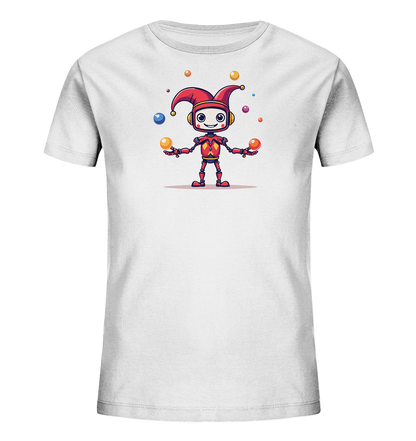 Onlineshop Shirts für Kinder - Das Bild zeigt ein weißes Kinder-T-Shirt mit einem bunten Motiv auf der Vorderseite. Abgebildet ist ein freundlich lächelnder Comic-Roboter, der eine rote Narrenkappe mit Glöckchen trägt. Der Roboter jongliert mit mehreren farbigen Kugeln in den Farben Blau, Gelb, Orange, Rot und Lila. Die Darstellung ist detailliert und farbenfroh, was dem T-Shirt ein fröhliches und verspieltes Aussehen verleiht, passend für Kinderkleidung.