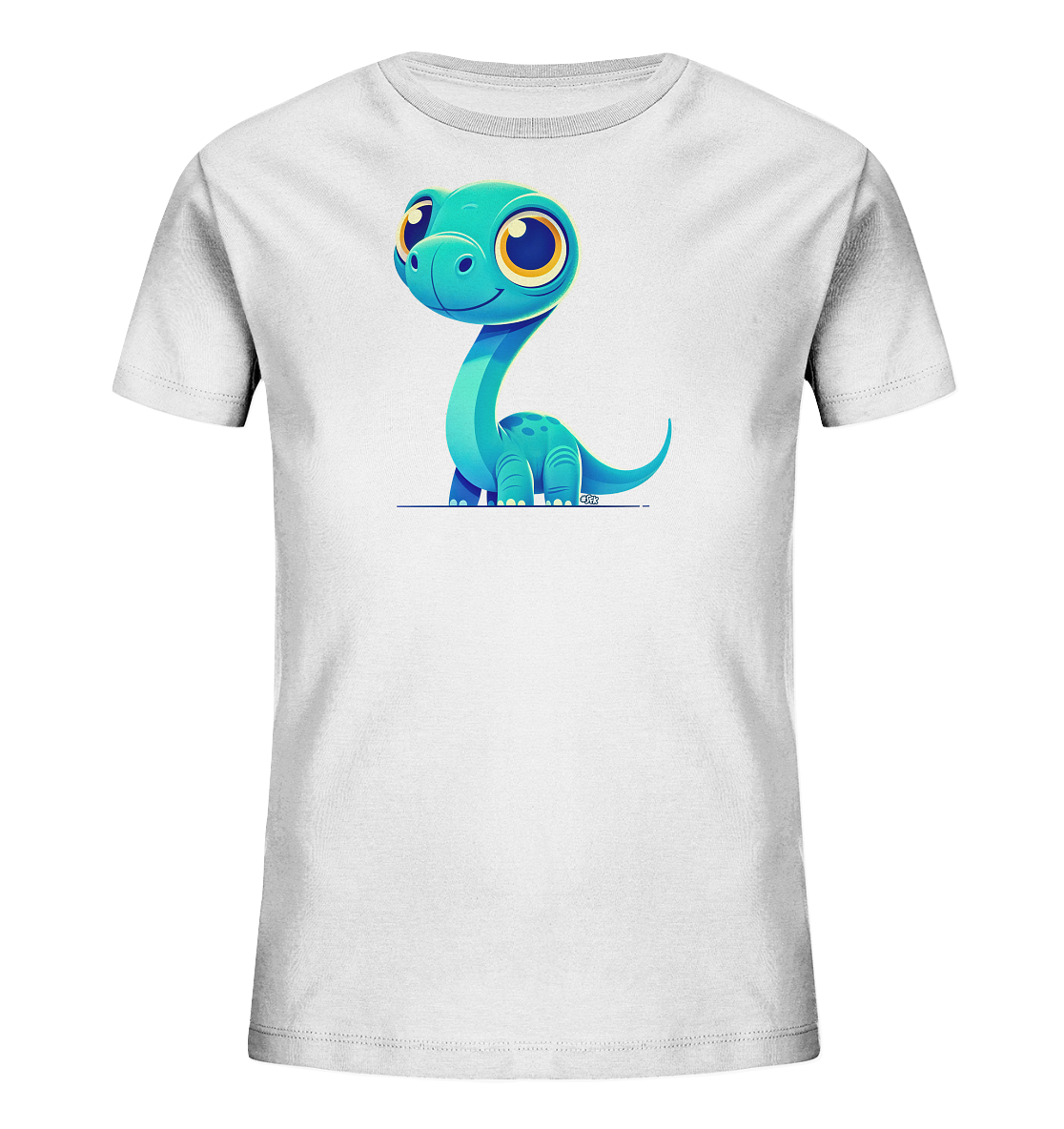 Kinder-T-Shirt mit blauem Fantasiewesen und großen Kulleraugen.