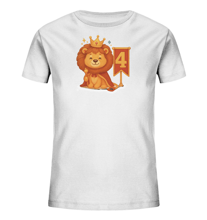 Kinder T-Shirt mit Löwenkönig, Krone, rotem Umhang und Zahl 4