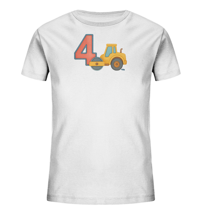 Onlineshop Shirts fuer Kinder - Das Bild zeigt ein weisses T-Shirt fuer Kinder. Auf der Vorderseite ist eine grosse rote Zahl '4' abgebildet. Daneben befindet sich die Illustration einer gelben Strassenwalze in einem kindgerechten Stil. Das Design ist klar und farbenfroh gestaltet.
