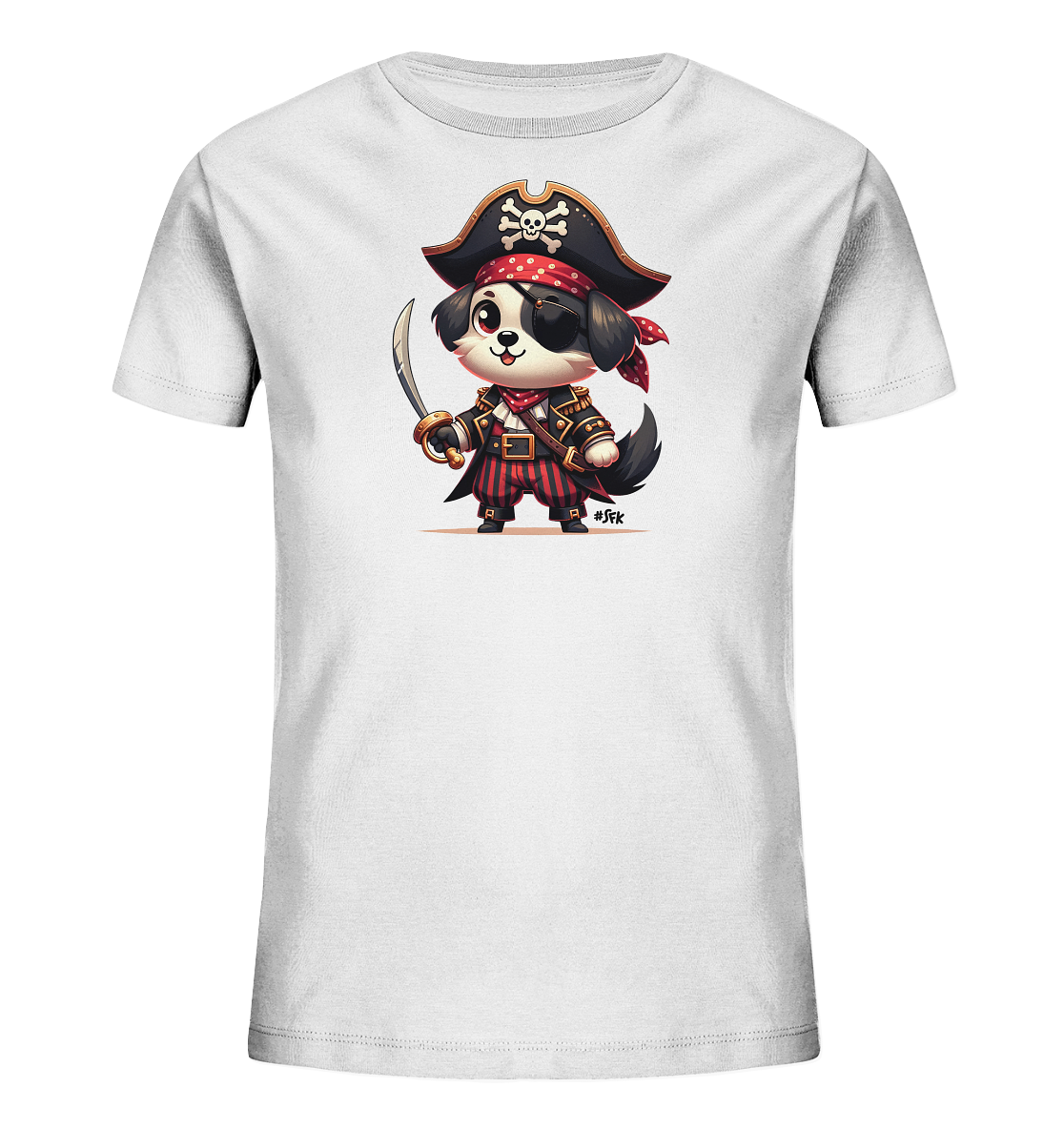 Kinder T-Shirt mit Cartoon-Piratenhund, Augenklappe, Hut und Säbel