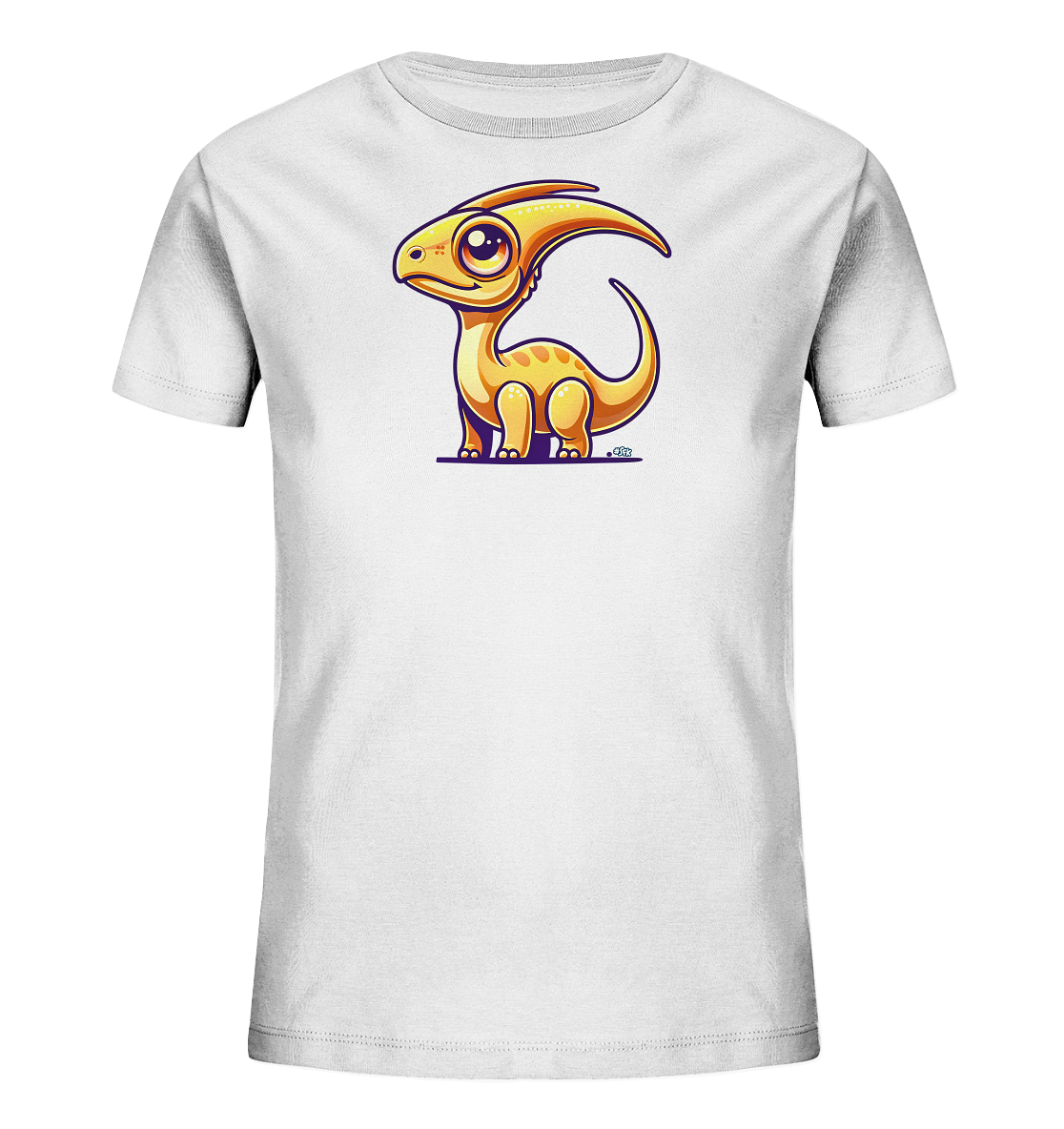 Onlineshop Shirts fuer Kinder - Das Bild zeigt ein weisses Kinder-T-Shirt mit einem niedlichen, cartoonhaften Dinosaurier-Motiv auf der Vorderseite. Der orange-gelbe Dinosaurier sitzt in einer freundlichen Pose, gekennzeichnet durch einen markanten Kopfkamm und grosse, ausdrucksstarke Augen. Kleine orange Punkte schmuecken seinen Koerper und seinen Schwanz. Das Design hat eine lila Schattenlinie am unteren Rand.